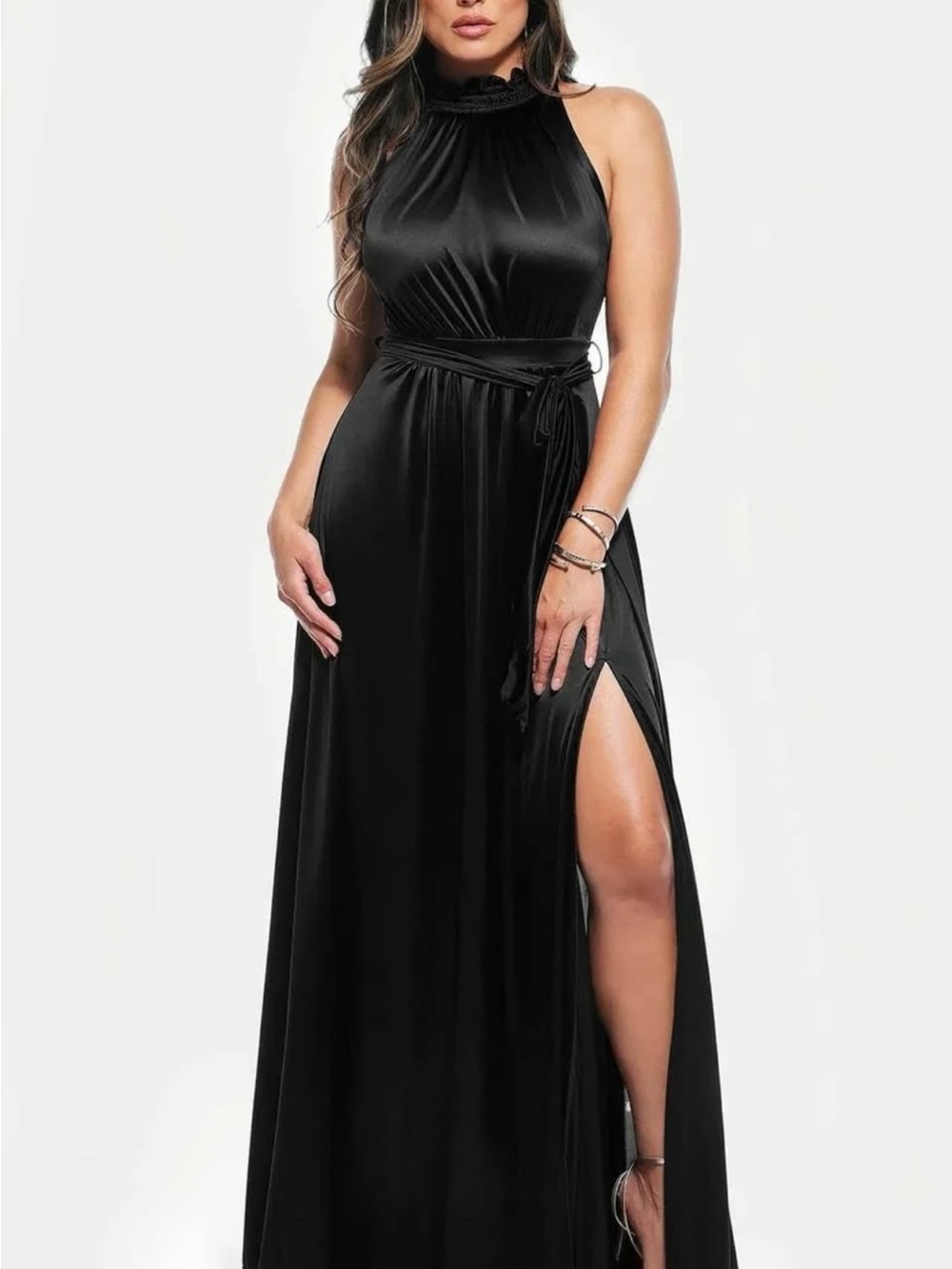 Black Halter Maxi Dress with Side Slit and Waist Tie